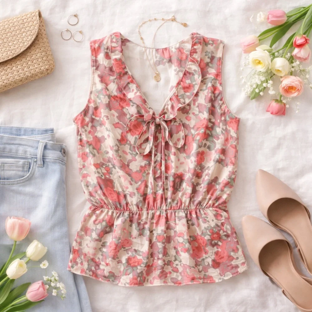 Banana Republic XL Floral Ruffle Tie Front Sleeveless Blouse Top - Picture 3 of 13